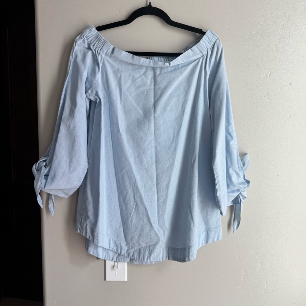 Free People Off Shoulder Blue Tie Sleeve Blouse Coastal Cottagecore Boho Top